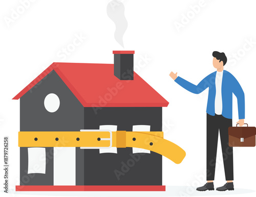 Businessman Tightening Belt Around Real Estate House