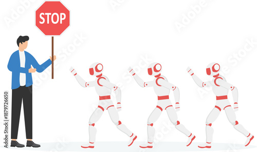 Businessman Holding Stop Sign for Robot Automation
