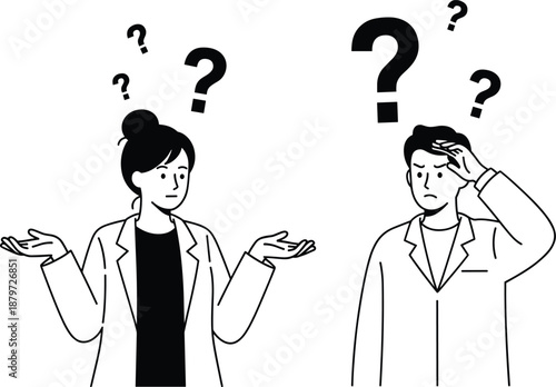 Confused business man and woman with question marks illustration showing uncertainty doubt and decision making concept vector