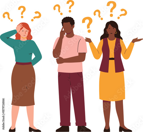 Confused people thinking concept illustration with question marks diverse men and women facing problems and decision making vector