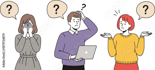 Confused people with question marks illustration showing stress uncertainty and problem solving in modern flat character vector
