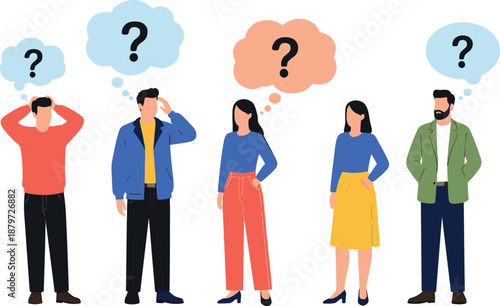 People thinking and confused concept illustration with question marks diverse men and women problem solving vector