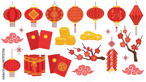 Vibrant Chinese New Year decorations featuring lanterns, gold ingots, and red envelopes in a festive arrangement