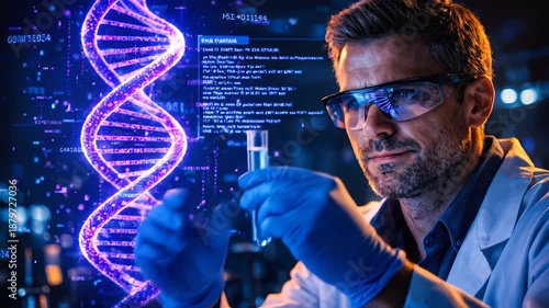 Scientist Analyzing Test Tube with Holographic DNA Helix and Genetic Code in High-Tech Laboratory