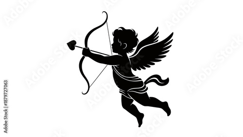 A silhouette of a flying cupid with bow and arrow in mid-air, illustration of a mythological figure