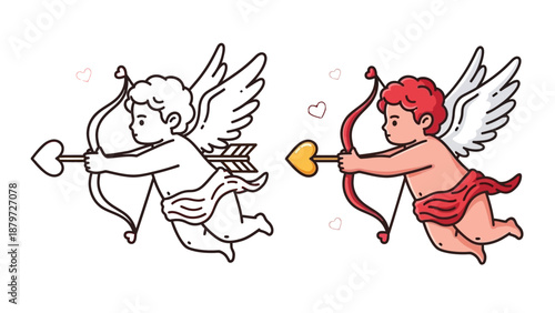 Dual Cupids Flying with Bows and Arrows, Symbolizing Love and Affection in a Whimsical Illustration