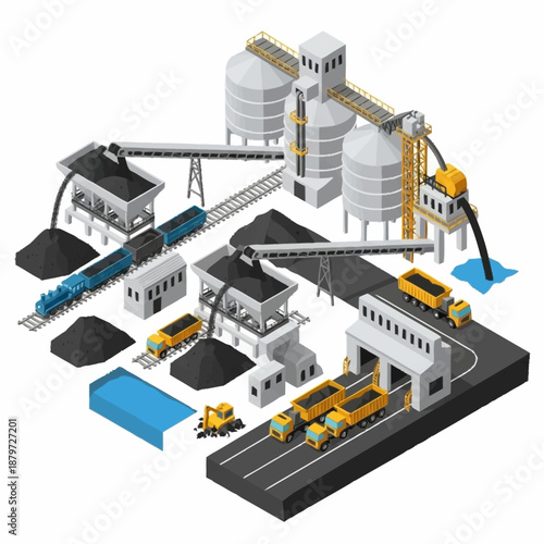 Isometric Coal Mining and Processing Plant with Trains and Trucks.