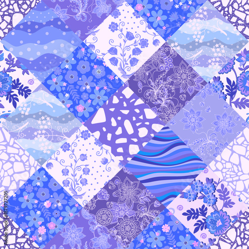 Seamless patchwork pattern with floral and abstract ornaments in blue and pur...