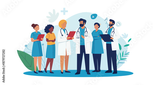 Diverse Healthcare Professionals Collaborating in a Modern Clinic