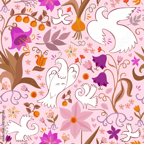 Birds and flowers. Fairytale seamless pattern with white doves and cute plant...