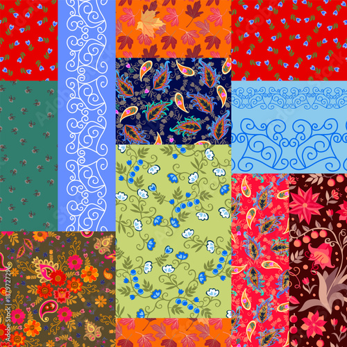 Bright patchwork pattern with floral ornaments. Seamless design for fabric.