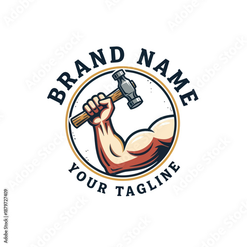 Muscular Arm Holding Hammer Logo Design.