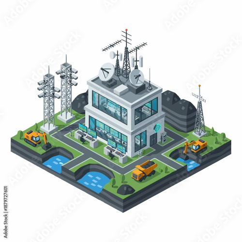 Isometric Communication Center with Antennas and Infrastructure.