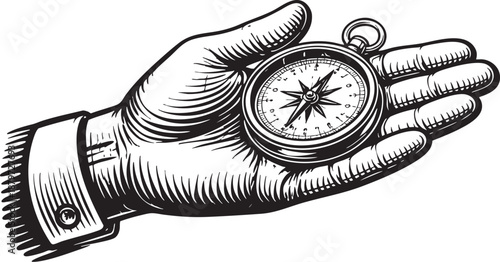 Open hand holding compass isolated illustration showing guidance navigation direction concept