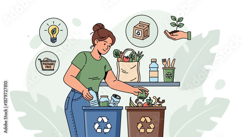 Woman sorting recyclables into separate bins with eco-friendly icons.