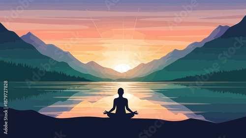 Serene silhouette of a person meditating by a tranquil lake at sunrise.