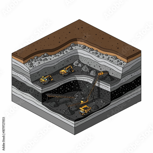 Isometric Cross Section of Underground Coal Mining Operation.