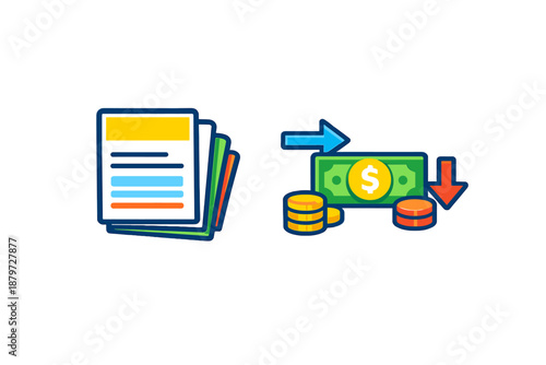 Financial Transaction Icons: Document and Money Flow