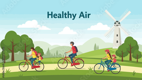Family Cycling in a Serene Green Landscape with Windmill.