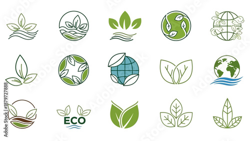 Collection of eco-friendly logos and icons for environmental awareness.