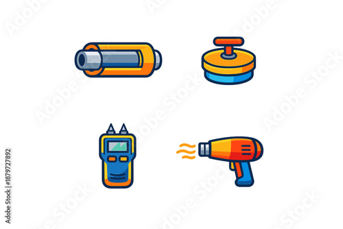 Four cartoonish icons of tools or equipment on a dark background