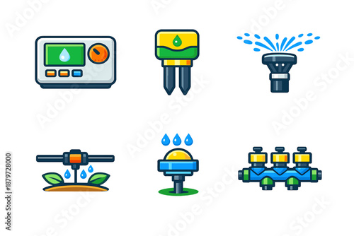 Smart irrigation icons set on dark background