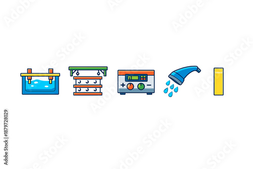 Set of five colorful icons representing items for hydroponic farming