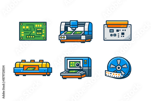Set of six icons related to electronics manufacturing and testing