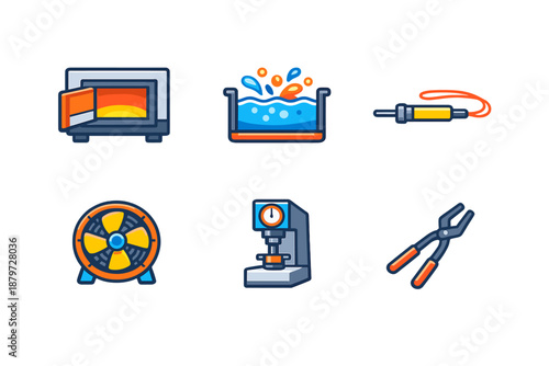 Set of six icons representing workshop tools and equipment