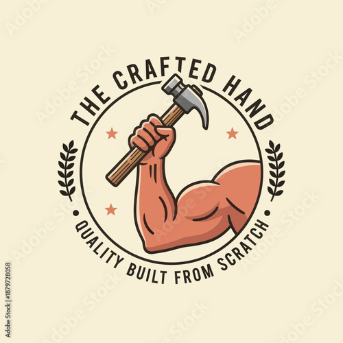 Hand Holding Hammer Cartoon Illustration Logo.
