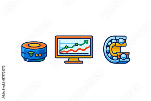 Set of three flat icons representing smart devices, data analytics, and mechanical engineering