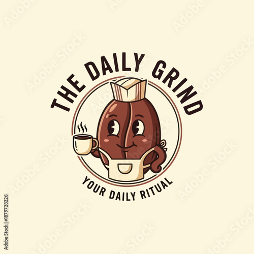 Cartoon Coffee Bean Character Holding Mug.