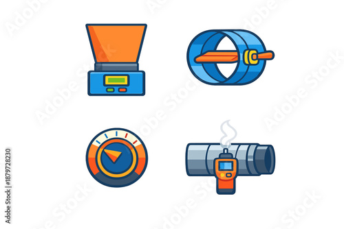 Set of 4 cartoon icons representing measurement and testing tools