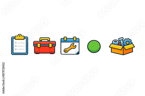 Set of cartoon icons representing tools and tasks