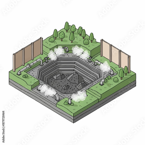 Isometric illustration of a large open pit mine with surrounding landscape.