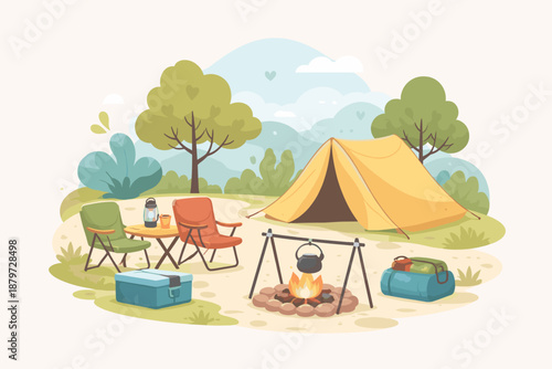 Cozy Campsite Scene with Tent, Campfire, and Chairs