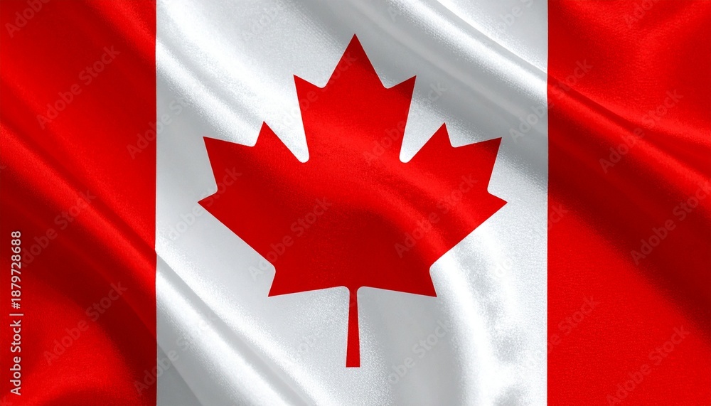 Obraz premium A clean digital rendering of the national flag of Canada, featuring a red field with a central white square. In the center of the white square is a stylized red maple leaf with eleven points. The desi