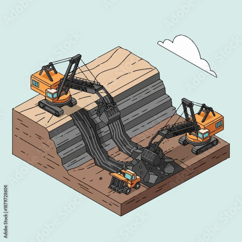 Isometric illustration of an open pit coal mine with heavy machinery.