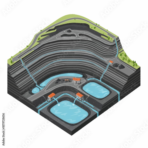 Isometric illustration of an open-pit mine with water management system.