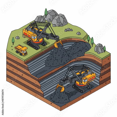 Isometric illustration of open pit and underground coal mining operations.