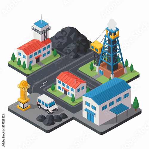Isometric Mining Industry Complex with Buildings and Equipment.