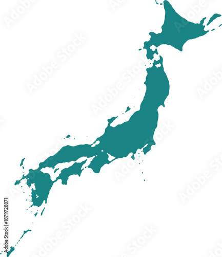 Teal silhouette map shape of the Japanese archipelago islands isolated clearly against a pure white background for editorial use.