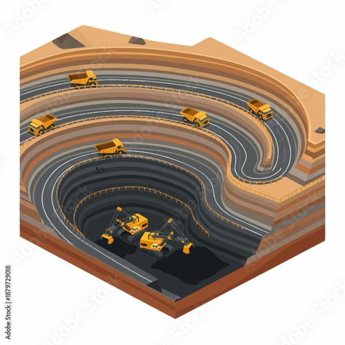 Isometric Open Pit Mine with Heavy Equipment and Trucks.