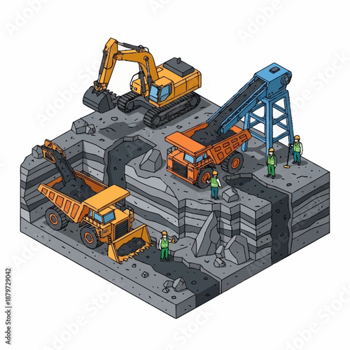 Isometric view of a busy open pit coal mine with heavy machinery and workers.