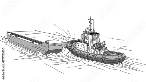 Tugboat Pushing a Large Cargo Barge Line Art Illustration