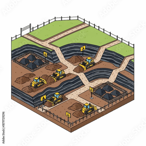Isometric View of a Detailed Open Pit Mine with Heavy Machinery and Excavation.