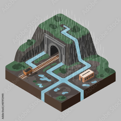 Isometric View of a Mountain with a Mine Tunnel and Rain.