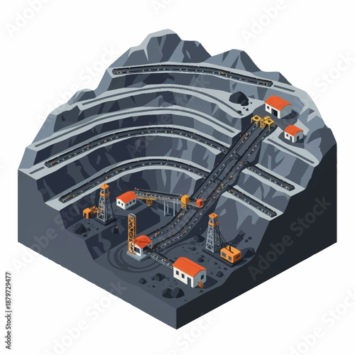 Isometric view of an open pit mine with heavy machinery.