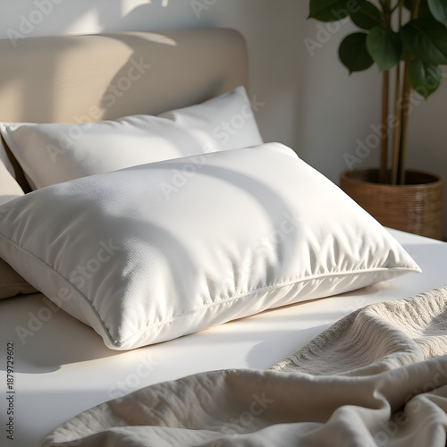 Bedroom pillow placed on a bed, emphasizing sleep aid and interior styling, under natural light, with fabric textures and household setting.