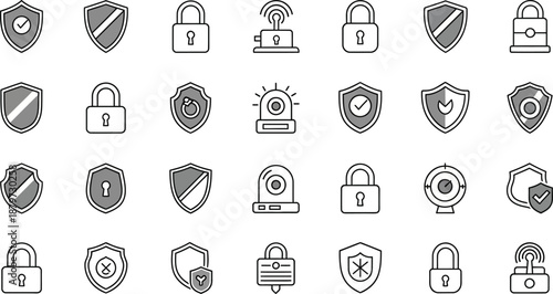 Security icons set with various padlocks and shields